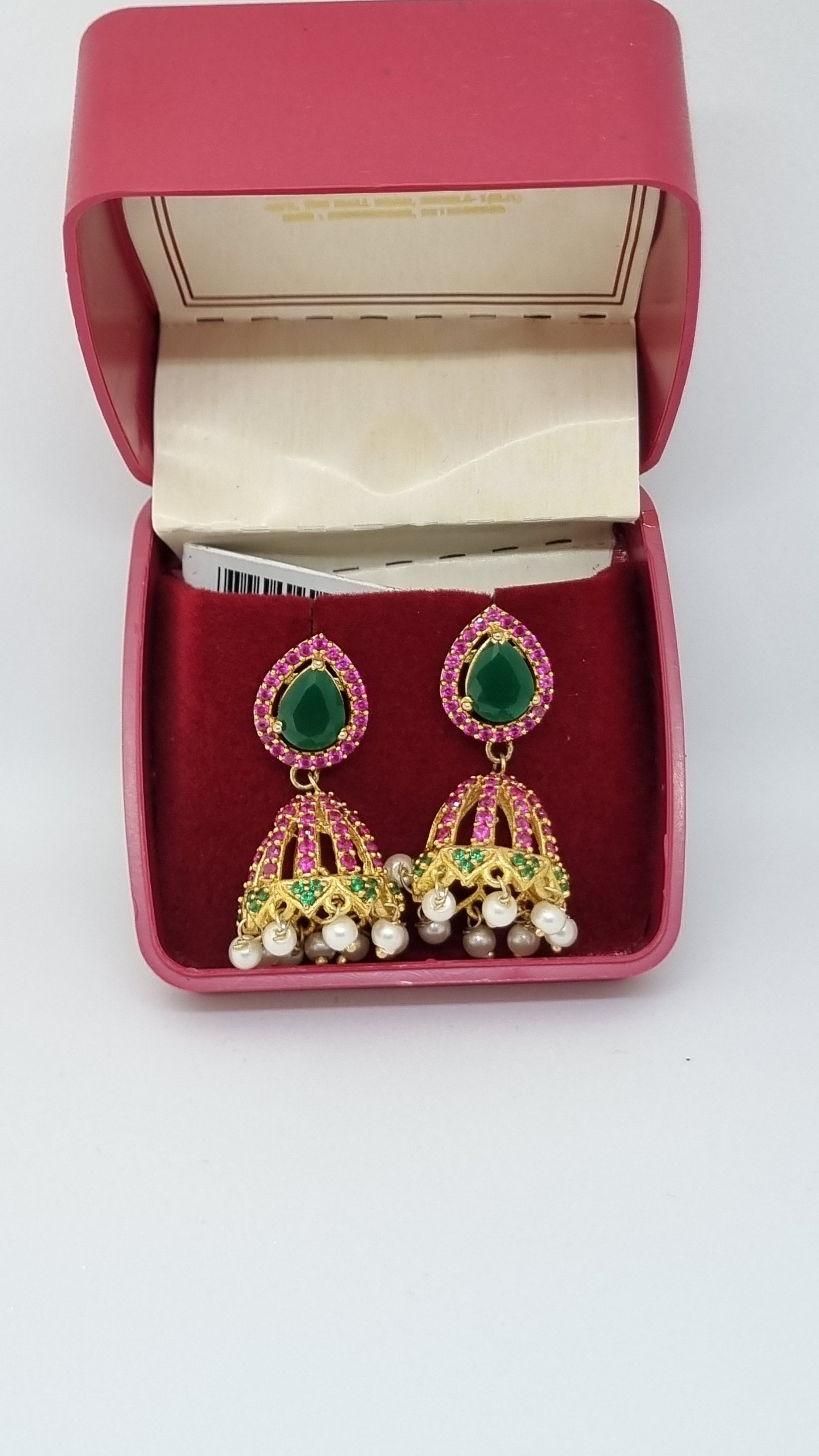 92.5 Sterling Silver Green and Pink Jhumka Earrings