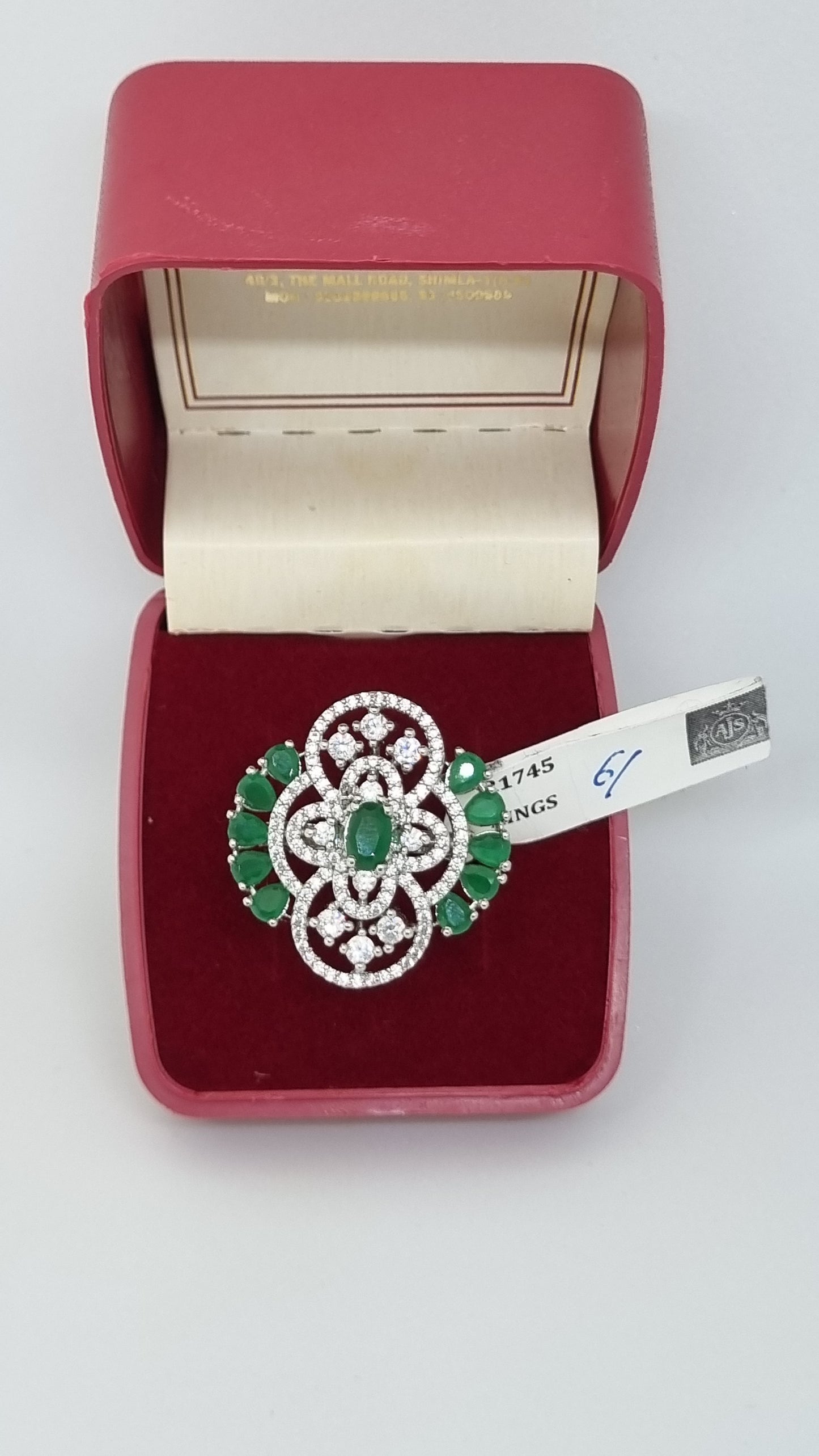 92.5 Sterling Silver Adjustable Ring with Emerald and Zirconia Detailing