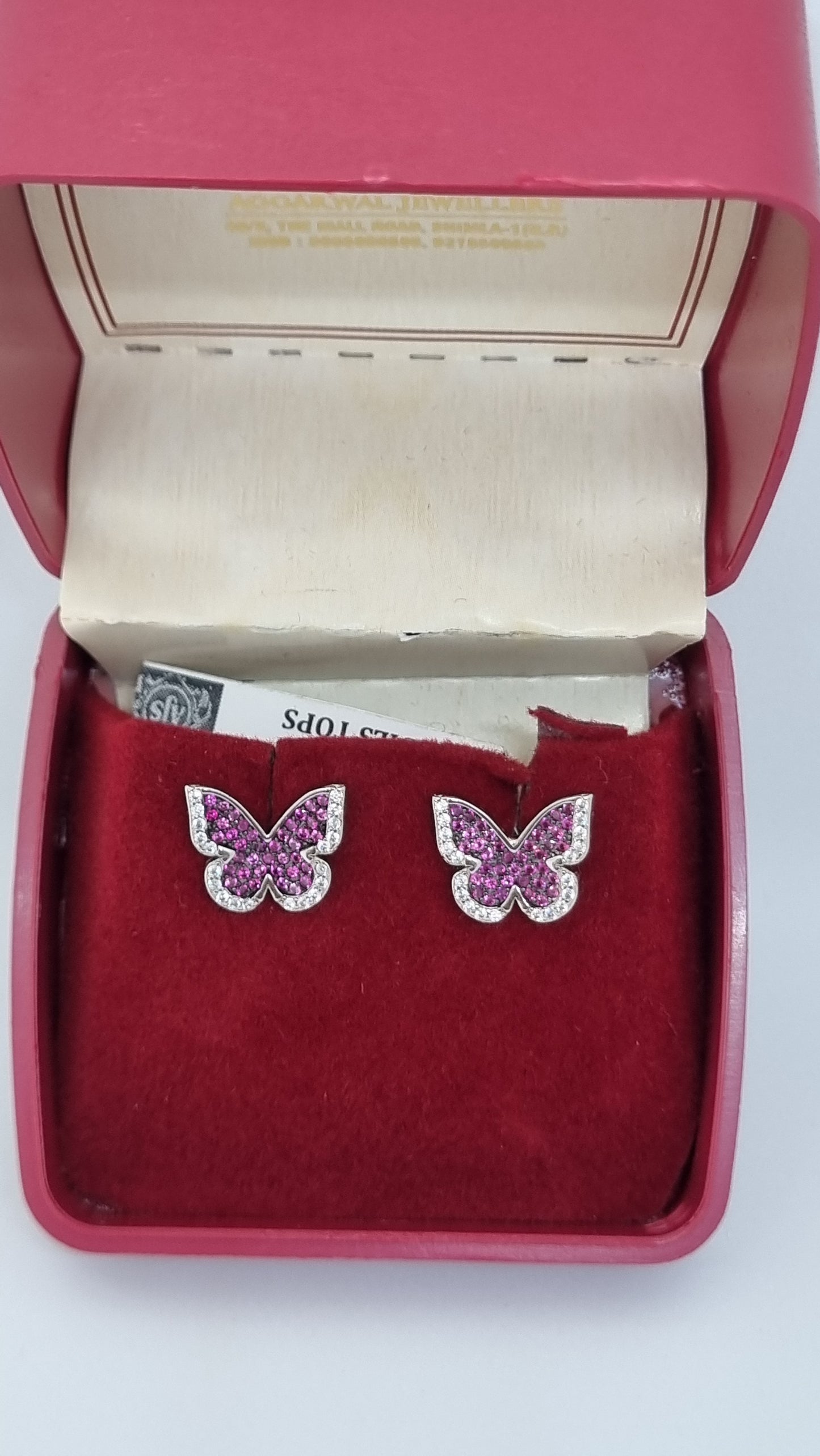 92.5 Sterling Silver Butterfly Earrings with Pink Gemstone Detailing