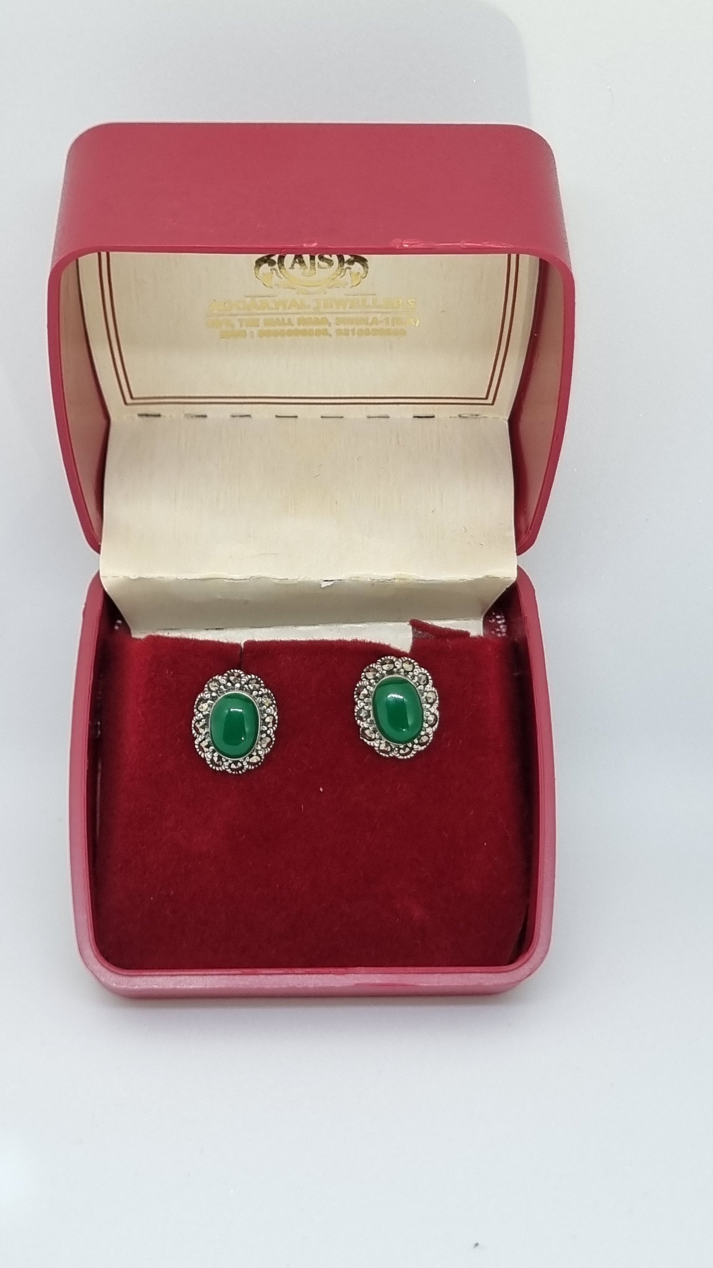 Oxidized 92.5 Sterling Silver Oval Emerald Stud Earrings with Zirconia Halo