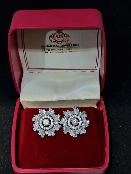 92.5 Sunburst Silver Stud Earrings with Sparkling Zircon Accents