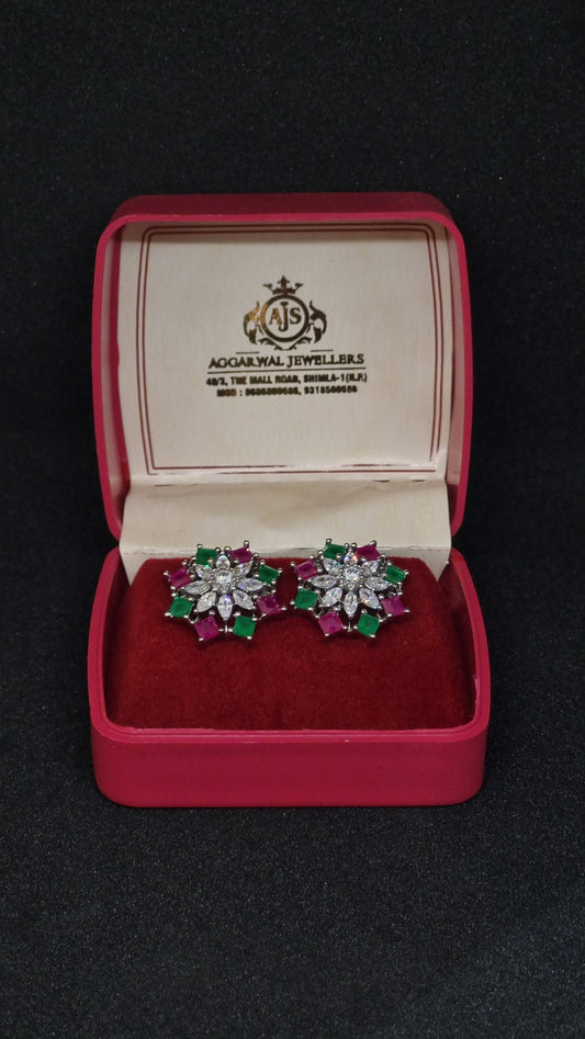 92.5 Silver Ruby and Emerald Cluster Earrings