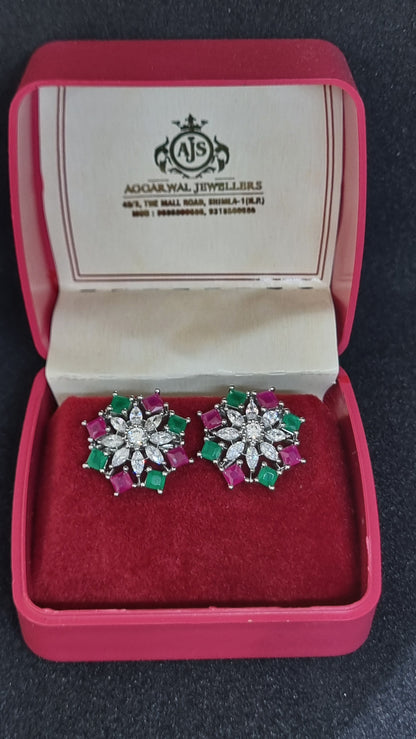 92.5 Silver Ruby and Emerald Cluster Earrings