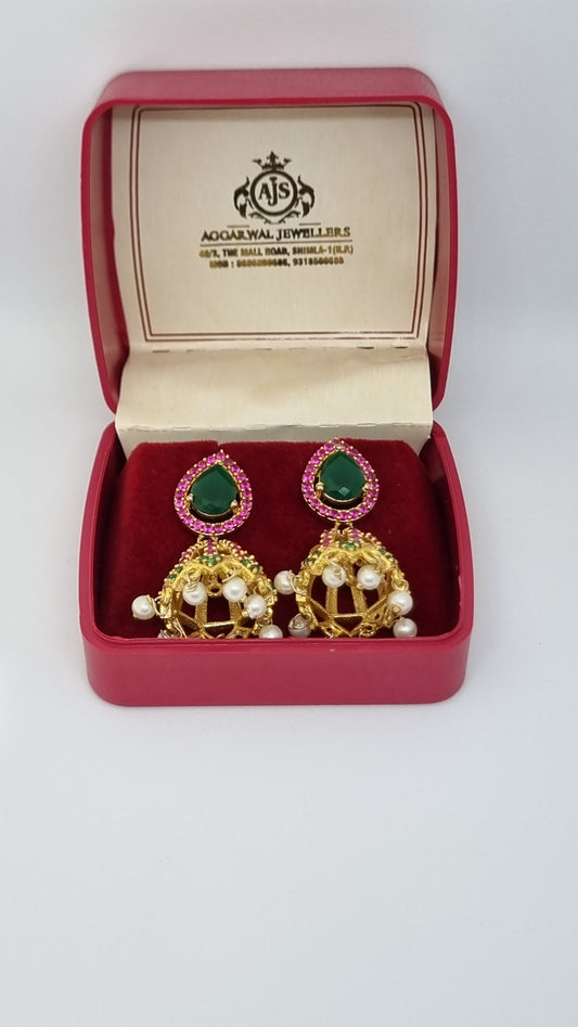 92.5 Sterling Silver Green and Pink Jhumka Earrings