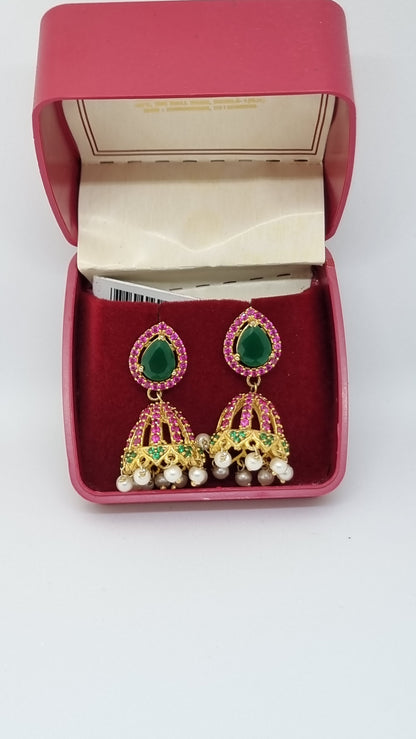 92.5 Sterling Silver Green and Pink Jhumka Earrings