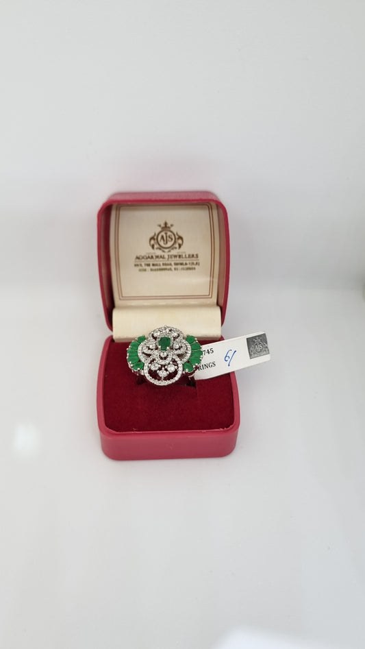 92.5 Sterling Silver Adjustable Ring with Emerald and Zirconia Detailing