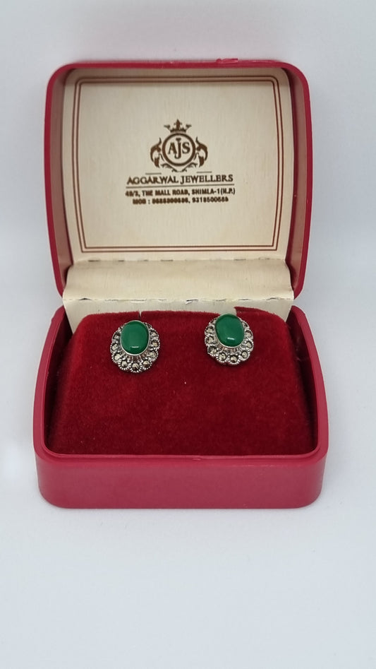 Oxidized 92.5 Sterling Silver Oval Emerald Stud Earrings with Zirconia Halo