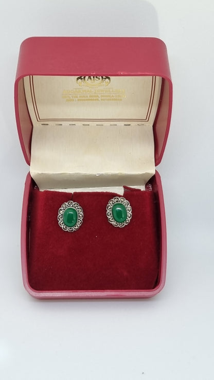 Oxidized 92.5 Sterling Silver Oval Emerald Stud Earrings with Zirconia Halo